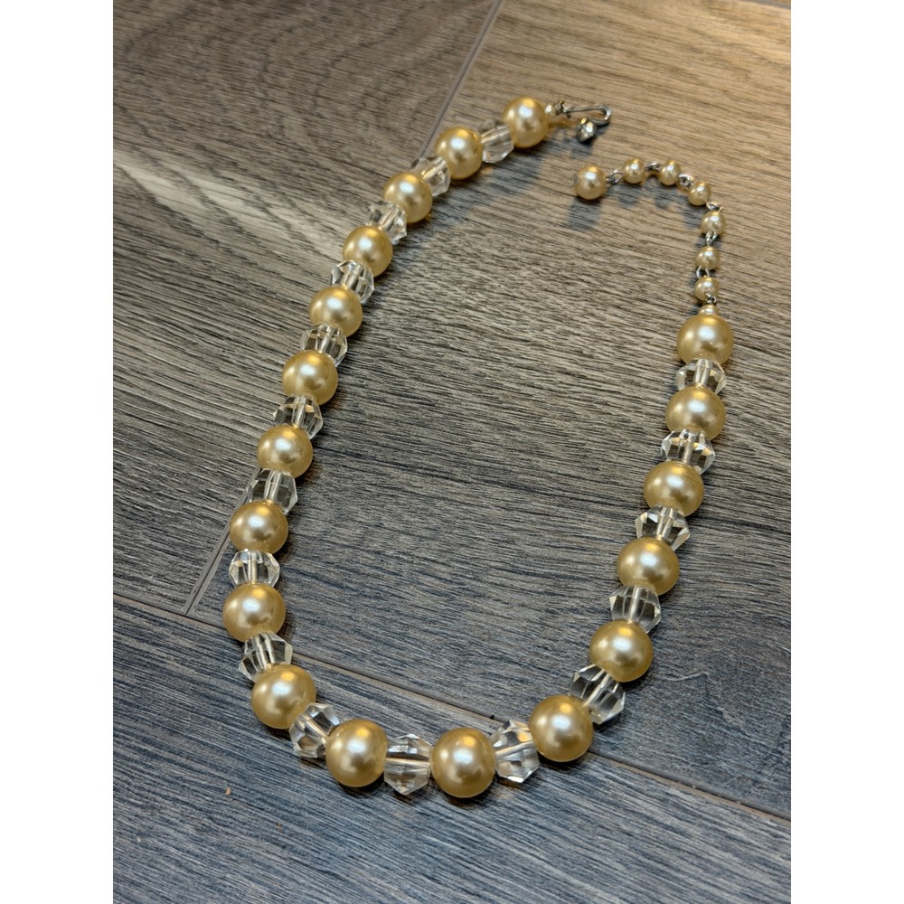Glass Faux Pearl Necklace Swarovski Clear Crystal Beaded Vintage Jewelry MCM‎
